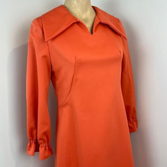 VTG Handmade Medium Orange Regal Collared Long Sleeve Maxi Dress Peasant 70s 80s - Picture 1 of 15